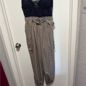 Justify Taupe Paperbag Waist Jumpsuit with Black Lace Bodice